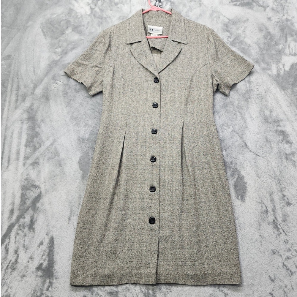 Vintage SL‎ FASHIONS Womens 12 Beige Black Short Sleeve Button Up Sheath Office